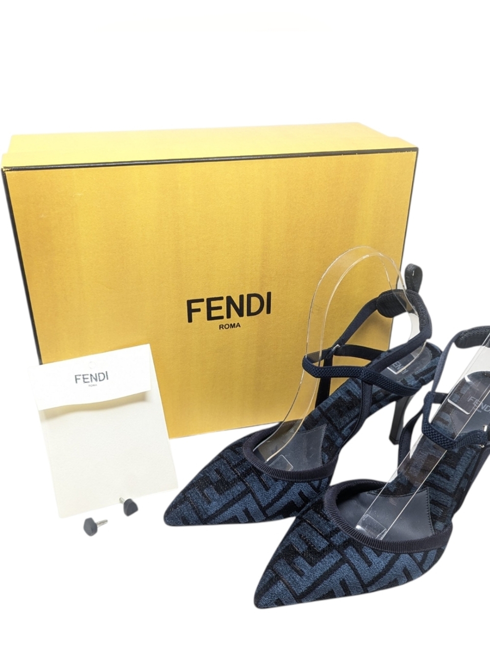 Fendi Ciniglia Jaquard Chenille Colibri 85mm Blue Velvet Slingback Pump EU 38.5